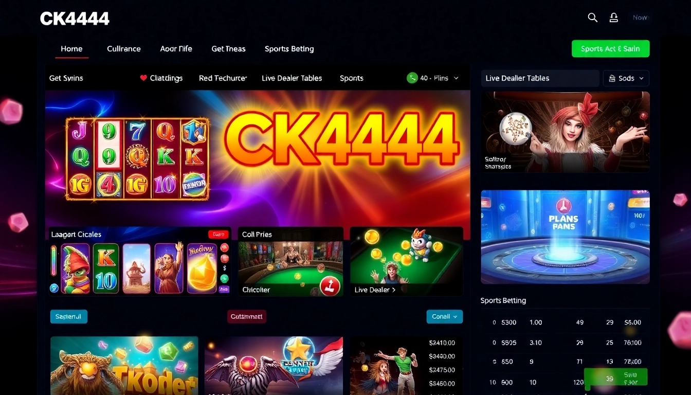 Engaging visual of CK4444 net online casino platform with slots, live dealer, and sports betting in vibrant colors, inviting excitement and trust.