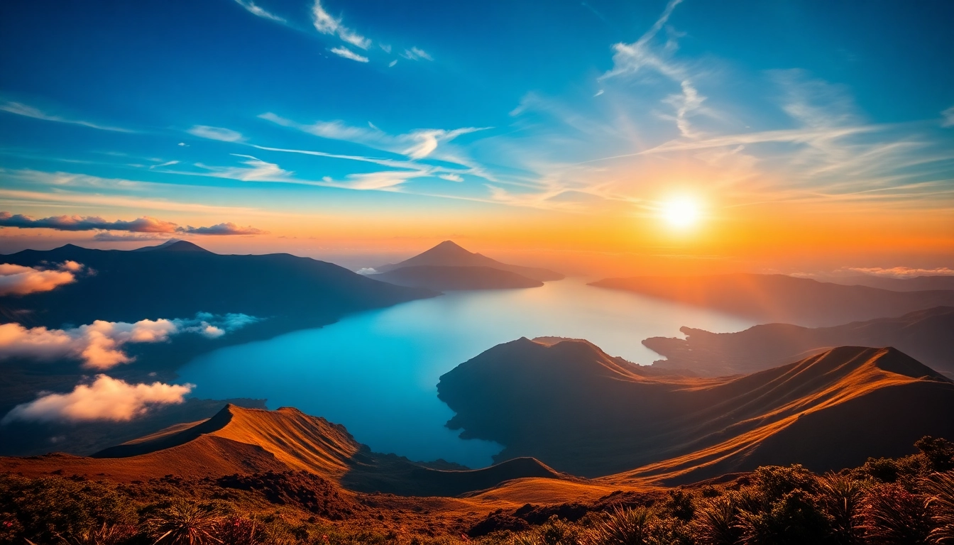 Climber overlooking Mount Rinjani's volcanic summit during sunrise, showcasing breathtaking landscape and rugged terrain, perfect for outdoor adventure enthusiasts.