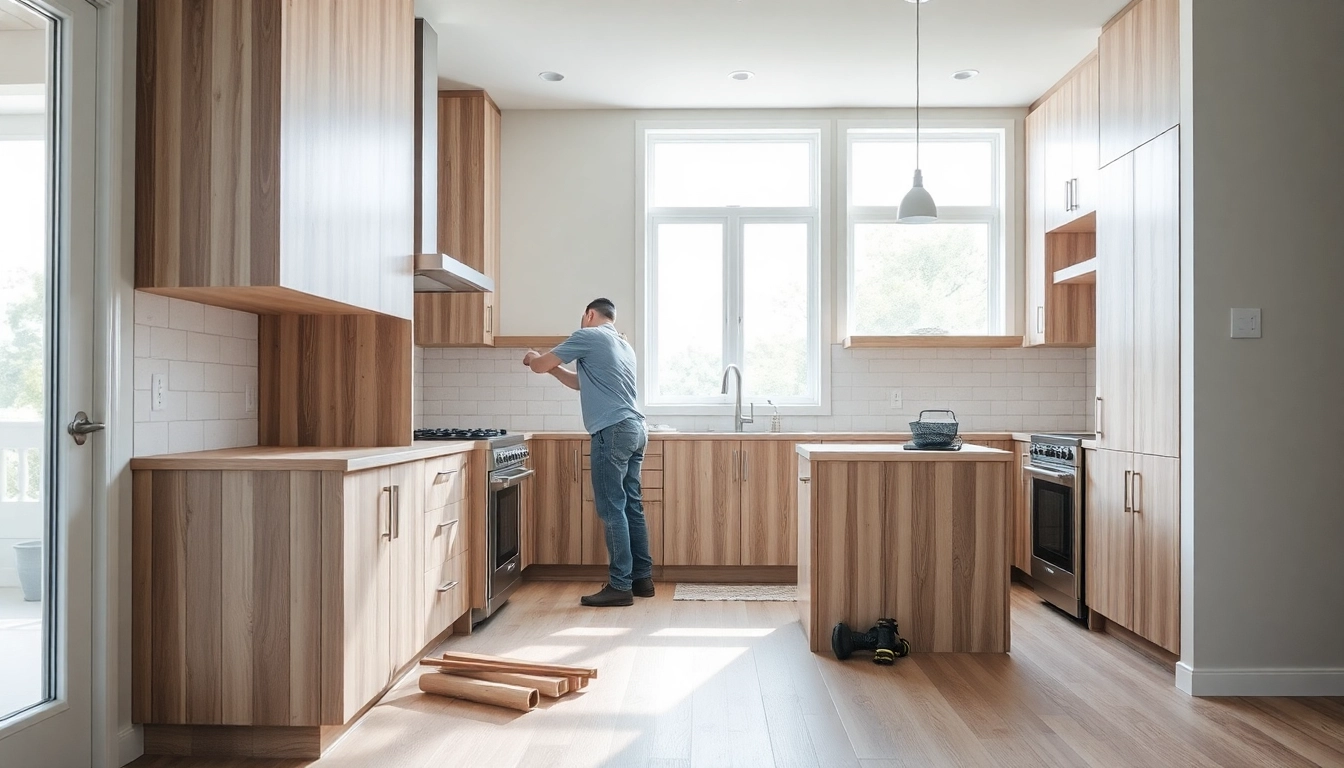 Professional remodeling of a modern kitchen with new cabinets and hardwood flooring, showcasing quality craftsmanship.