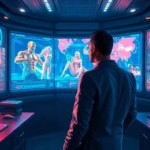 A futuristic AI control room with holographic displays of adult characters and scenes, highlighting advanced technology and immersive adult entertainment.