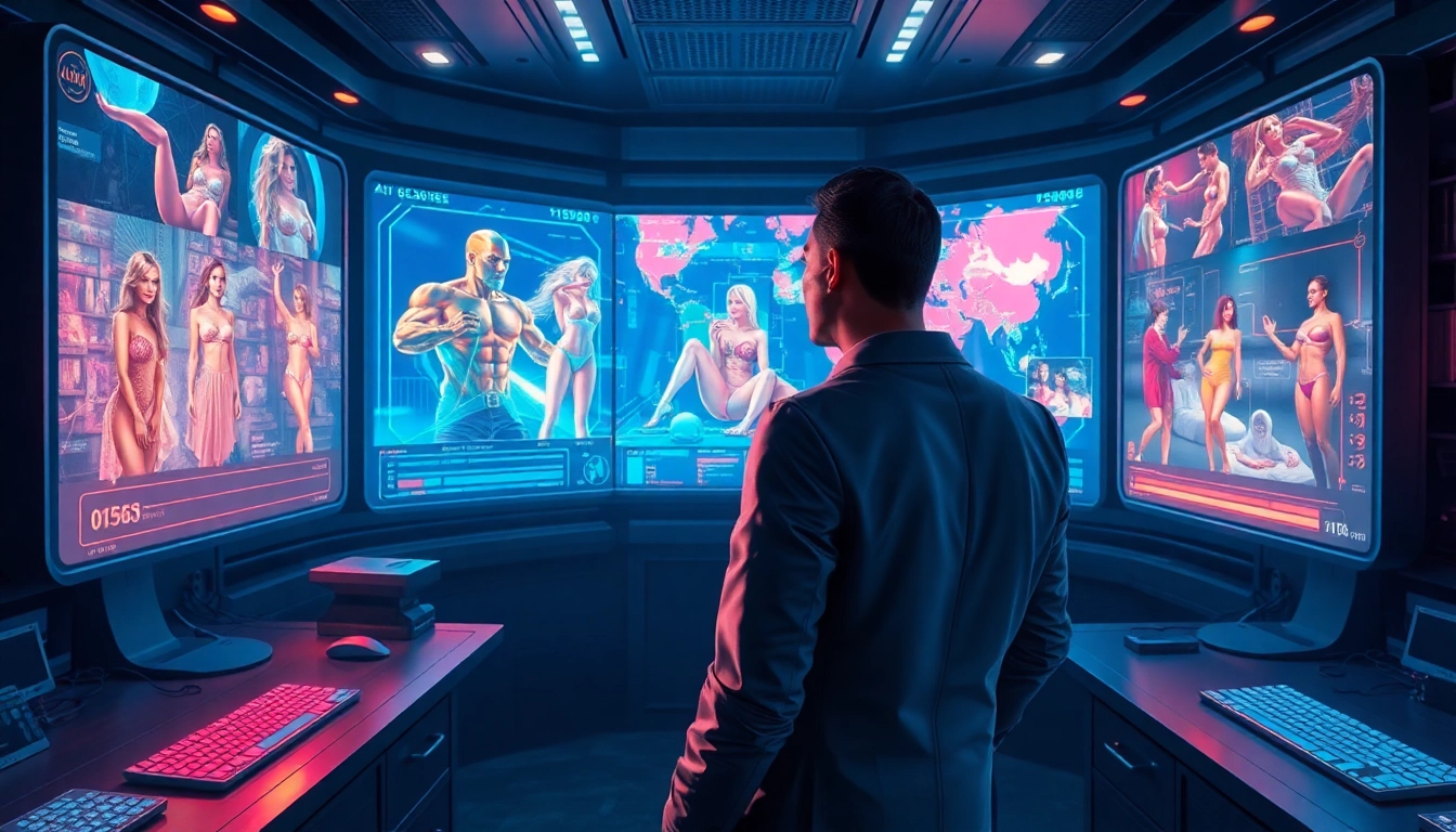 A futuristic AI control room with holographic displays of adult characters and scenes, highlighting advanced technology and immersive adult entertainment.