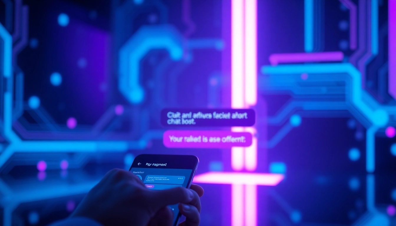 Futuristic AI chatbot interface with neon accents in a high-tech environment.