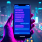 Smartphone displaying an AI chat interface with vibrant neon colors in a futuristic cityscape at night.