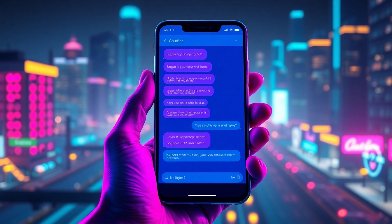 Smartphone displaying an AI chat interface with vibrant neon colors in a futuristic cityscape at night.