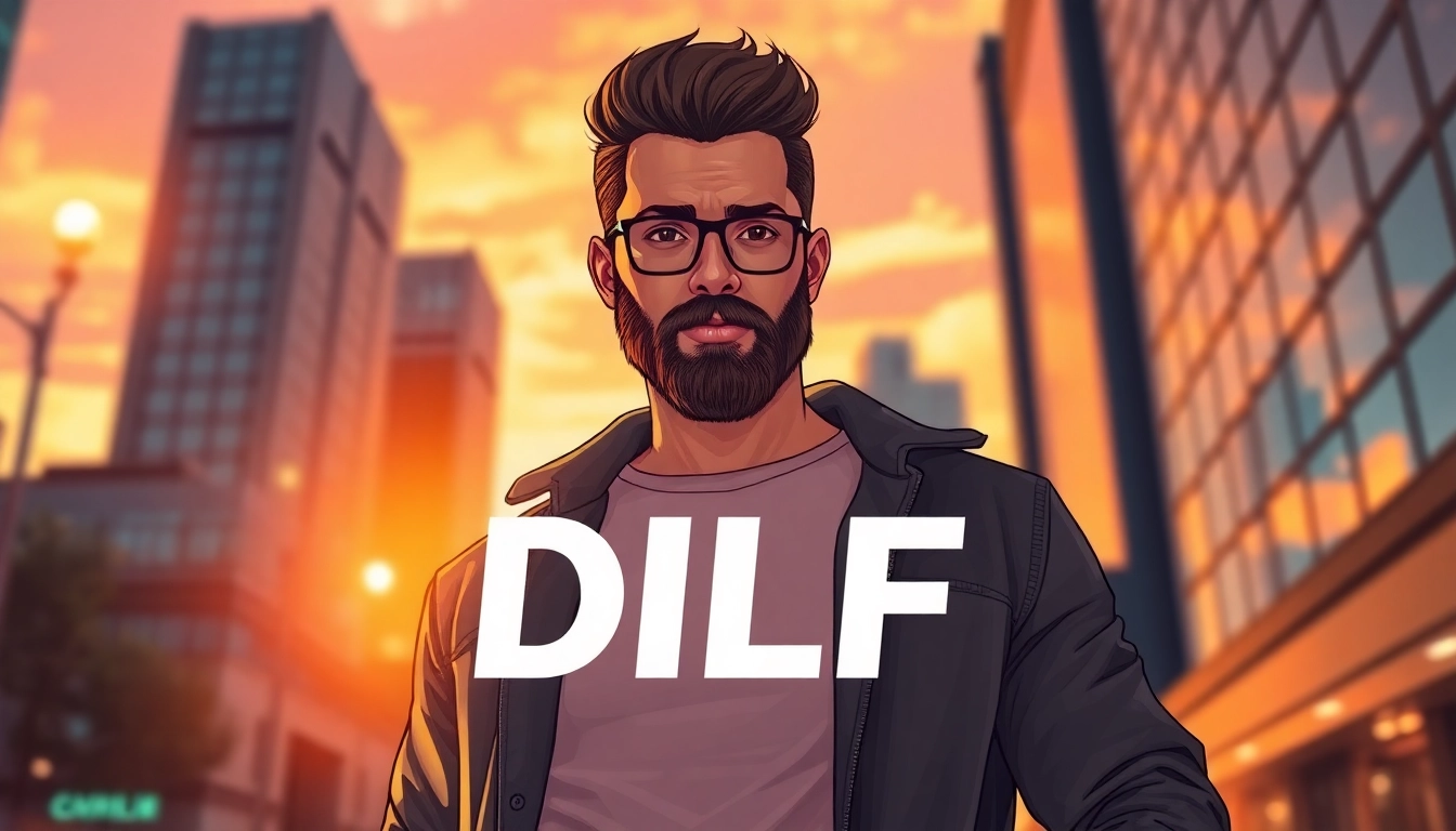 Stylish man with beard standing in city at sunset, vibrant colors and urban background.