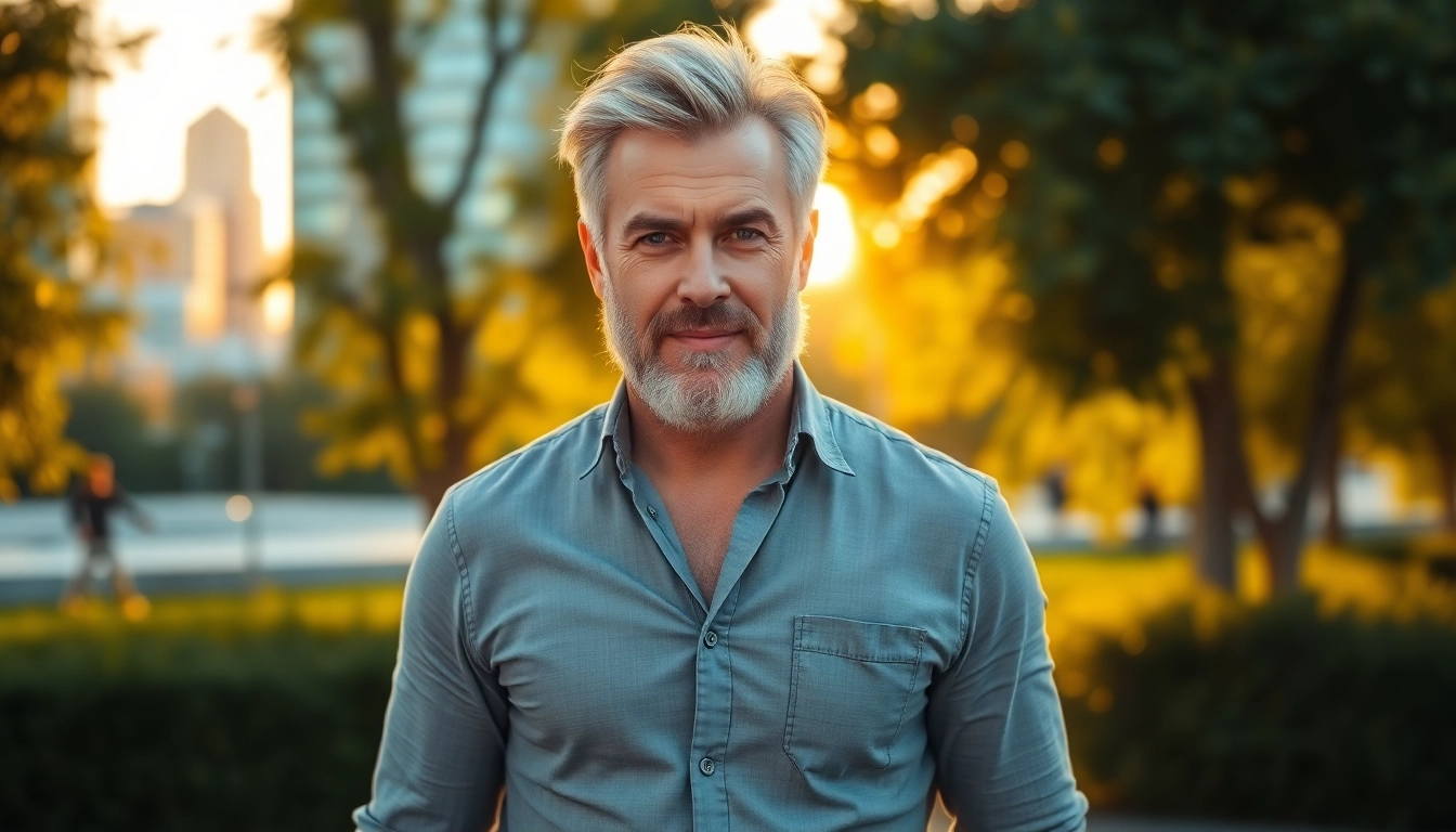 An attractive older man standing confidently outdoors during sunset, with a city park background.