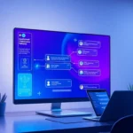 A futuristic digital interface showing an AI chatbot platform on a sleek screen with user interaction elements.