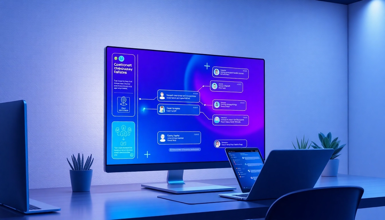 A futuristic digital interface showing an AI chatbot platform on a sleek screen with user interaction elements.