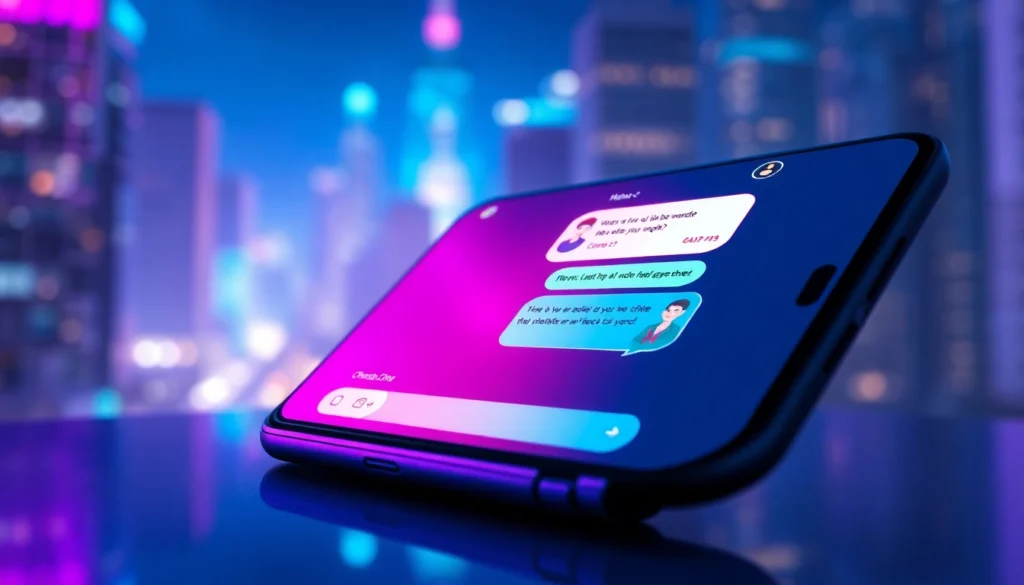 Futuristic chatbot interface on a smartphone with neon accents in a night cityscape background.