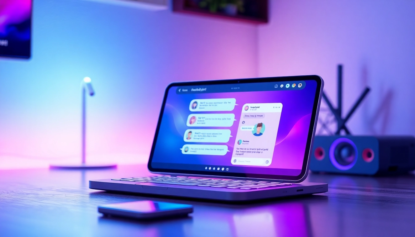 Futuristic AI chatbot interface on a sleek device screen with colorful conversation and customizable avatars.