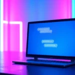 An illustration of a futuristic chatbot interface with neon lights and a digital conversation scene, emphasizing advanced AI technology and intimacy themes.