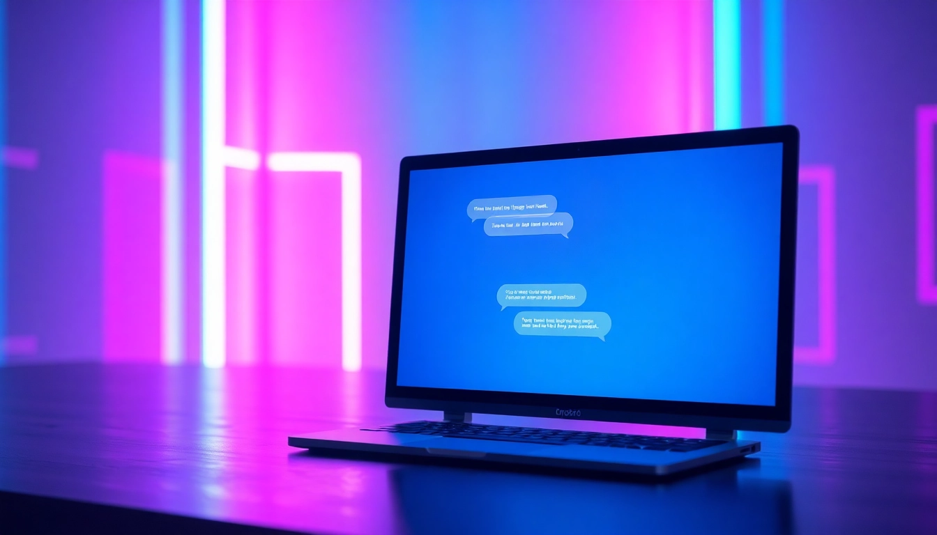 An illustration of a futuristic chatbot interface with neon lights and a digital conversation scene, emphasizing advanced AI technology and intimacy themes.