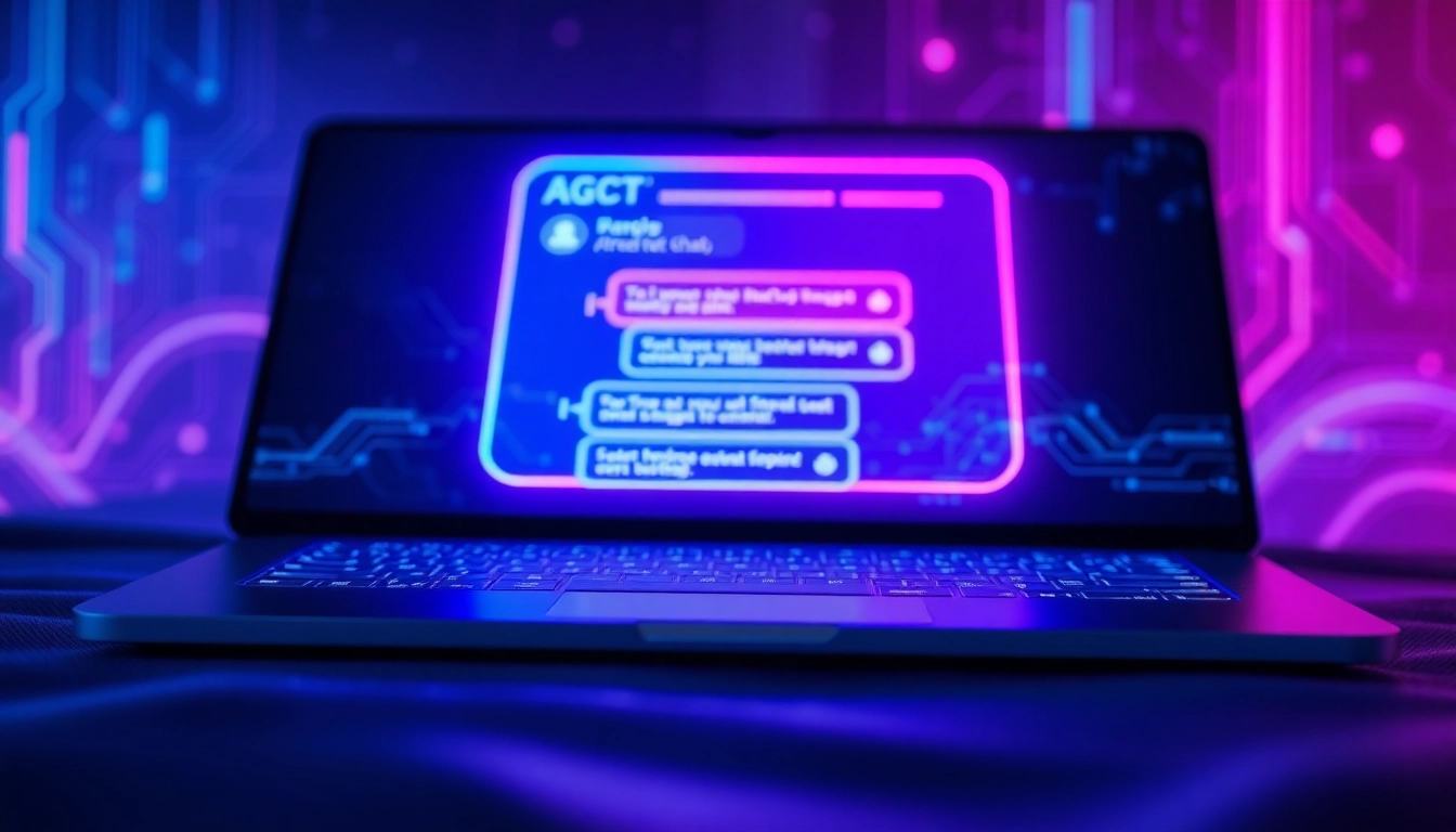 Futuristic AI chatbot interface with holographic chat window and neon accents
